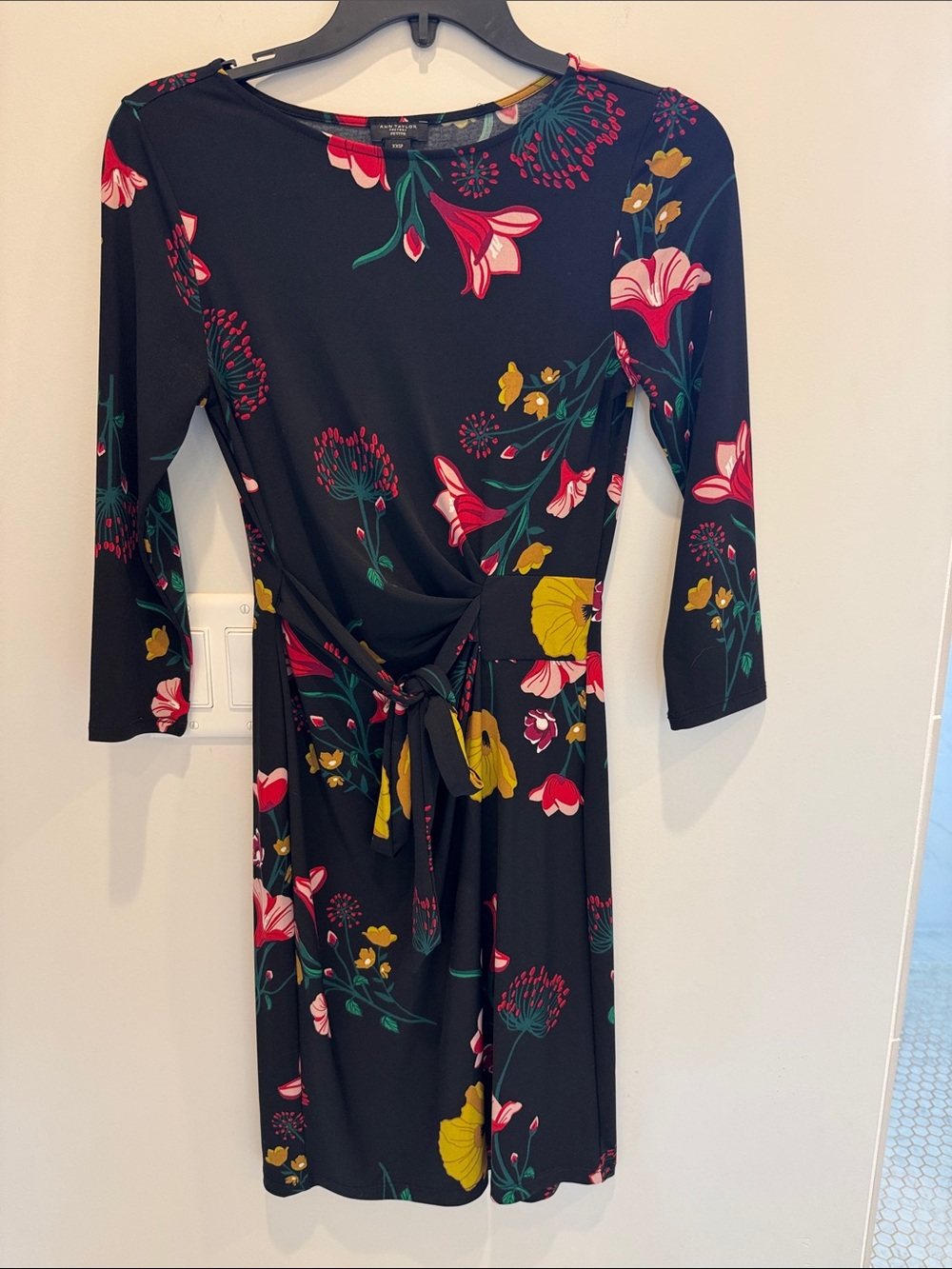 Ann Taylor Black Floral Tie-Waist Long Sleeve Dress with Pink & Yellow Flowers